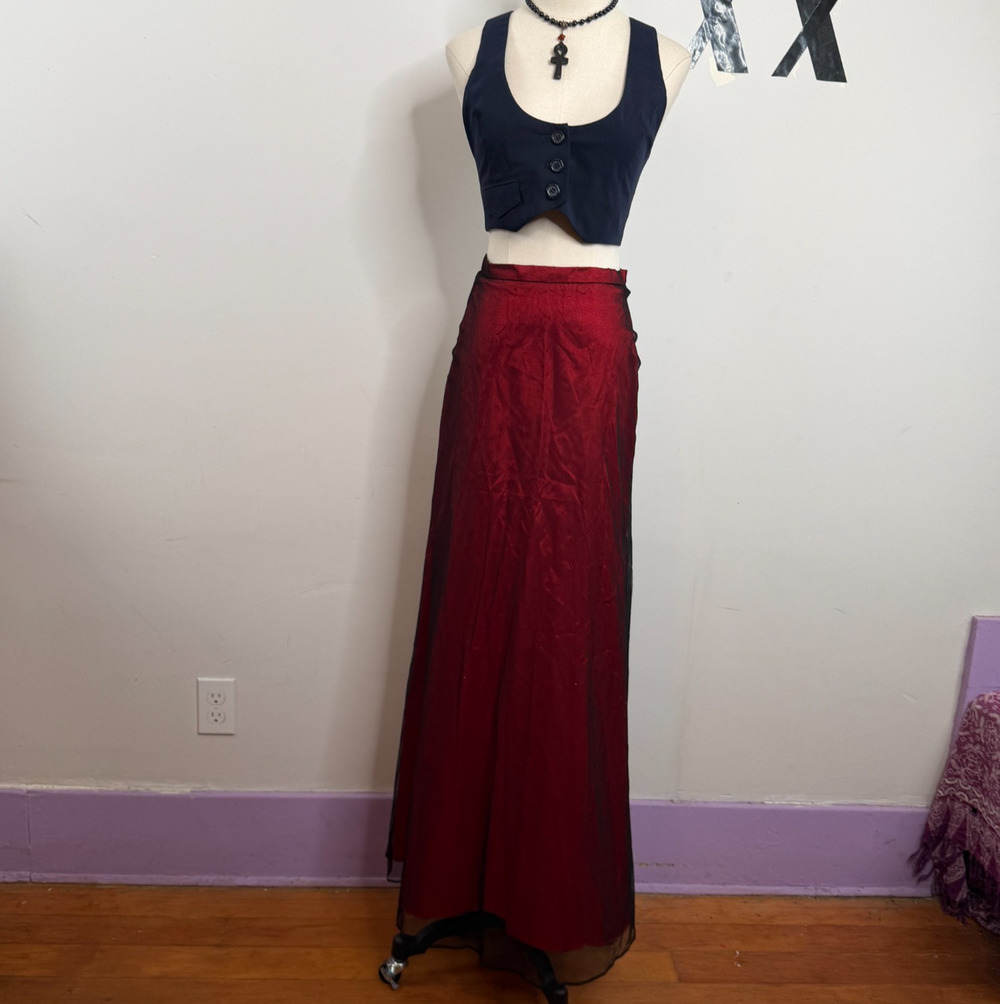 Vintage 90s Black Mesh Overlay Red Satin High Waist Formal Maxi Skirt 3
